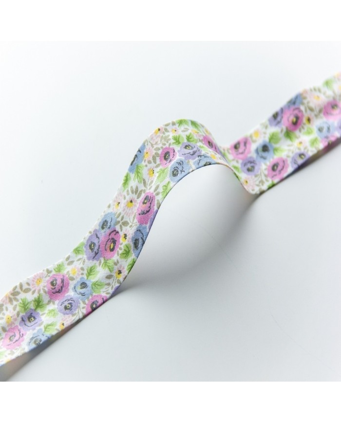 250 Metre Desenli Biye - 2 Cm Lila Mavi Güller Koton Biye