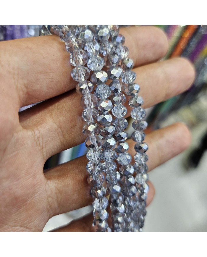 6mm İpe Dizili Kristal Boncuk Aynalı Gümüş - 10 Dizi