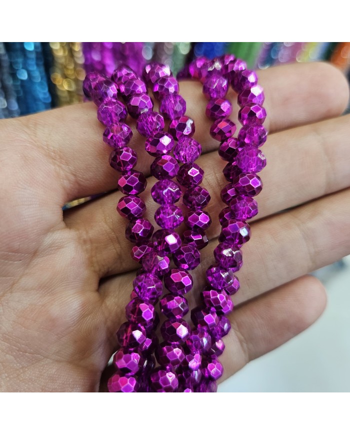 6mm İpe Dizili Kristal Boncuk Metalik Kaplama Fuşya - 10 Dizi