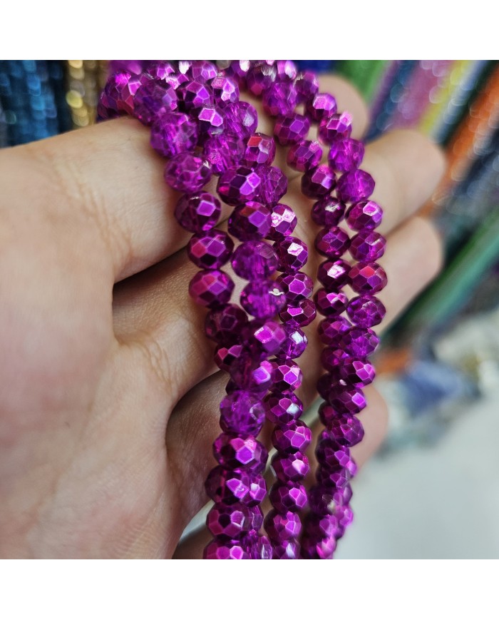 6mm İpe Dizili Kristal Boncuk Metalik Kaplama Fuşya - 10 Dizi