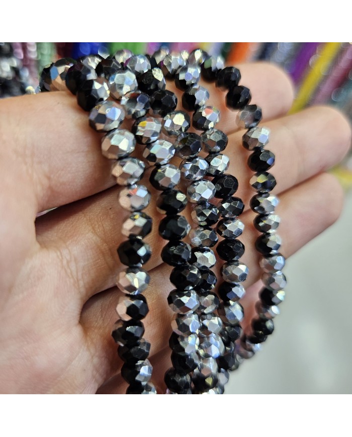 6mm İpe Dizili Kristal Boncuk Metalik Kaplama Siyah - 10 Dizi