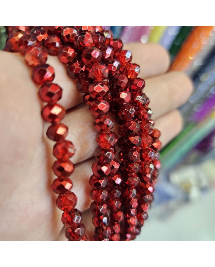 6mm İpe Dizili Kristal Boncuk Metalik Kaplama Kırmızı - 10 Dizi