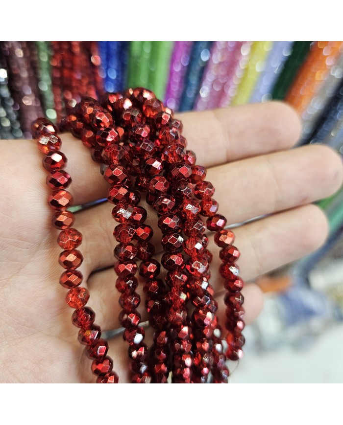6mm İpe Dizili Kristal Boncuk Metalik Kaplama Kırmızı - 10 Dizi