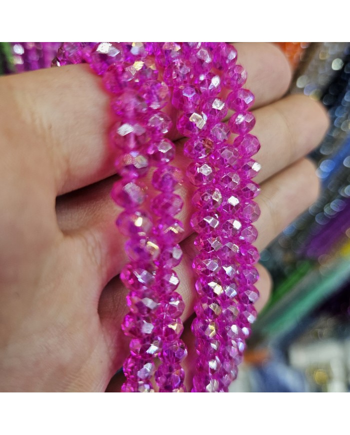 6mm İpe Dizili Kristal Boncuk Şeffaf Janjanlı Fuşya - 10 Dizi