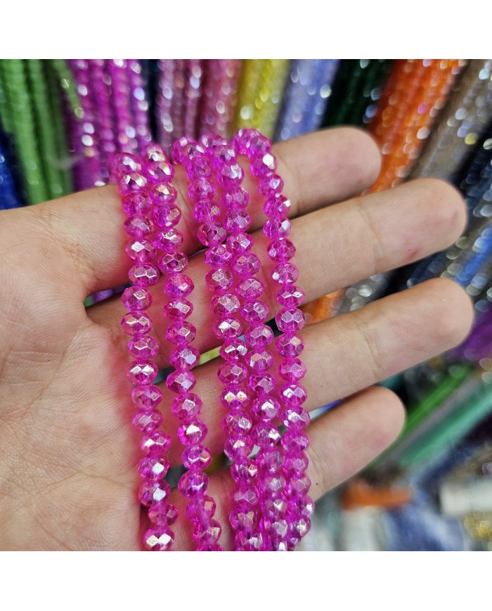 6mm İpe Dizili Kristal Boncuk Şeffaf Janjanlı Fuşya - 10 Dizi
