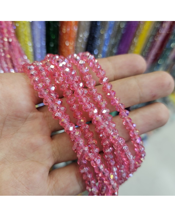 6mm İpe Dizili Kristal Boncuk Şeffaf Janjanlı Koyu Pembe - 10 Dizi