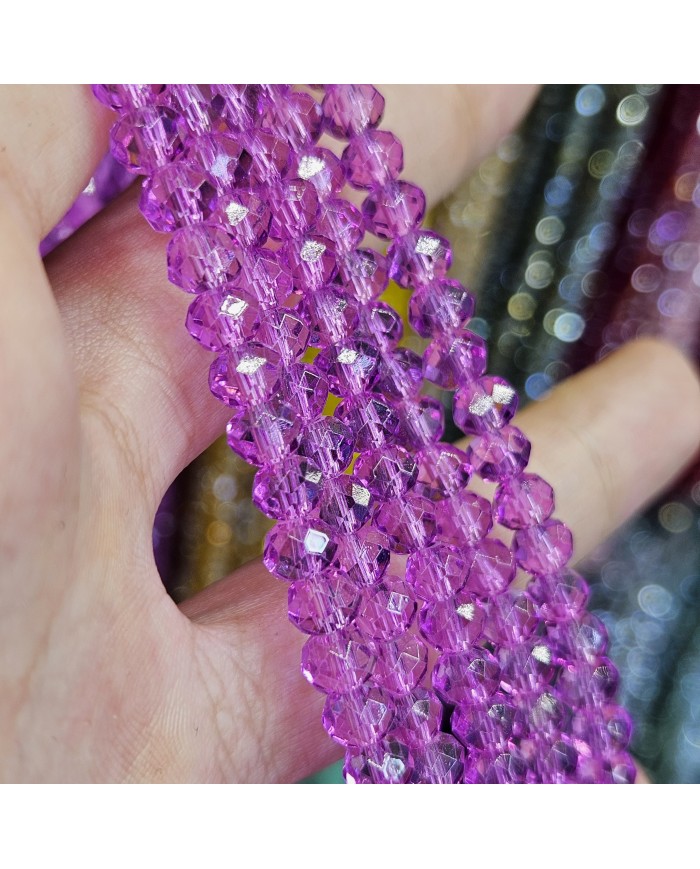 6mm İpe Dizili Kristal Boncuk Şeffaf Janjanlı Fuşya - 10 Dizi