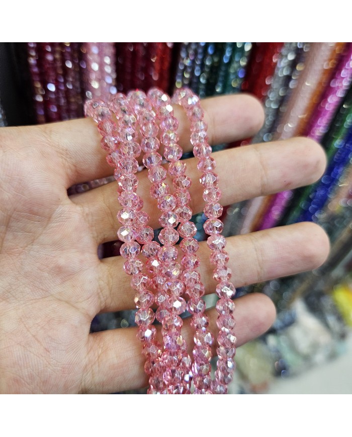 6mm İpe Dizili Kristal Boncuk Şeffaf Az Janjan Pembe - 10 Dizi