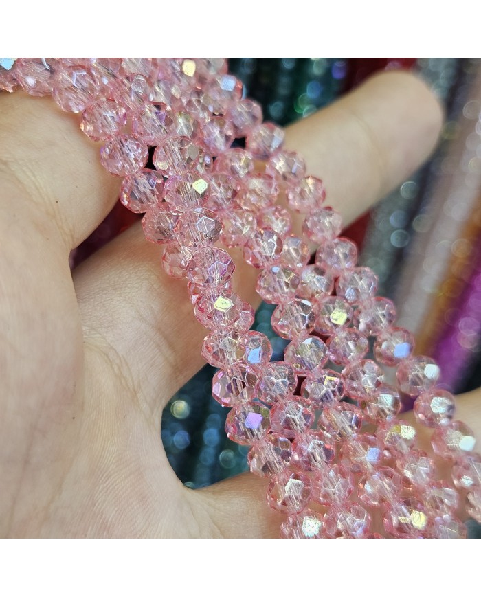 6mm İpe Dizili Kristal Boncuk Şeffaf Az Janjan Pembe - 10 Dizi