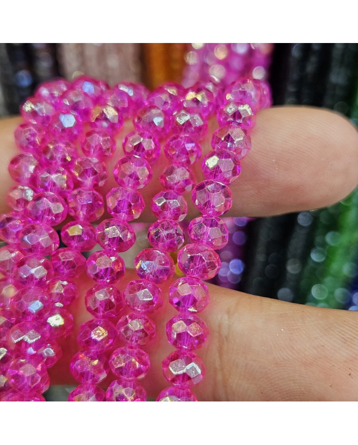 6mm İpe Dizili Kristal Boncuk Şeffaf Janjanlı Fuşya - 10 Dizi