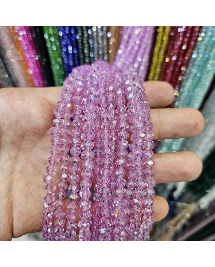 6mm İpe Dizili Kristal Boncuk Şeffaf Pembe - 10 Dizi