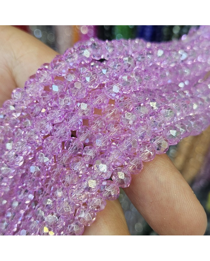 6mm İpe Dizili Kristal Boncuk Şeffaf Pembe - 10 Dizi