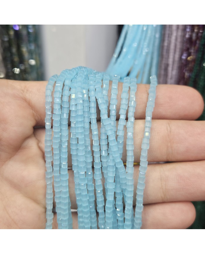 3mm İpe Dizili Küp Kristal Boncuk Mat Opak Mavi - 1 Dizi