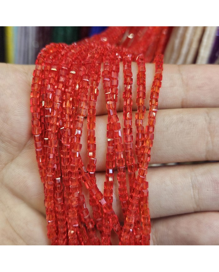 İpe Dizili Kristal Küp Çin Camı Boncuk - Alev Kırmızı - 3mm