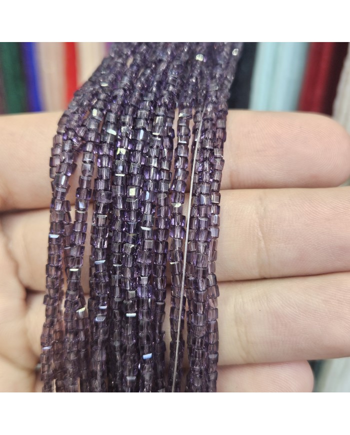 3mm İpe Dizili Küp Kristal Boncuk Şeffaf Dumanlı Mor - 1 Dizi