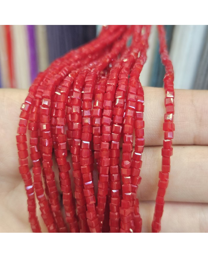 İpe Dizili Kristal Küp Çin Camı Boncuk - Kırmızı Mercan - 3mm