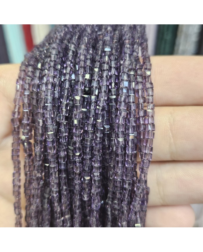 İpe Dizili Kristal Küp Çin Camı Boncuk - Koyu Mor - 3mm