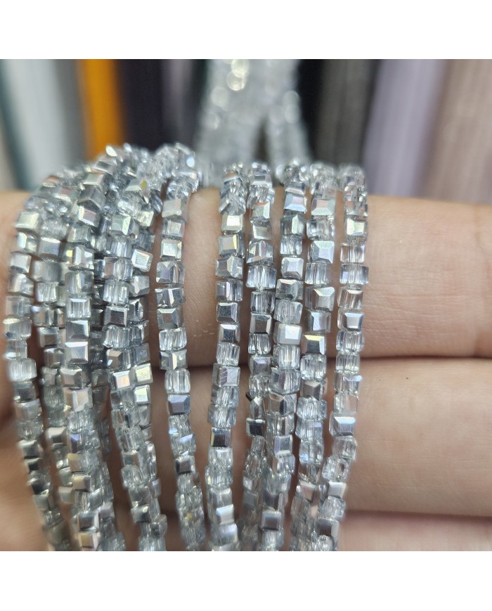3mm İpe Dizili Küp Kristal Boncuk Metalik Kaplama Aynalı Gri - 1 Dizi