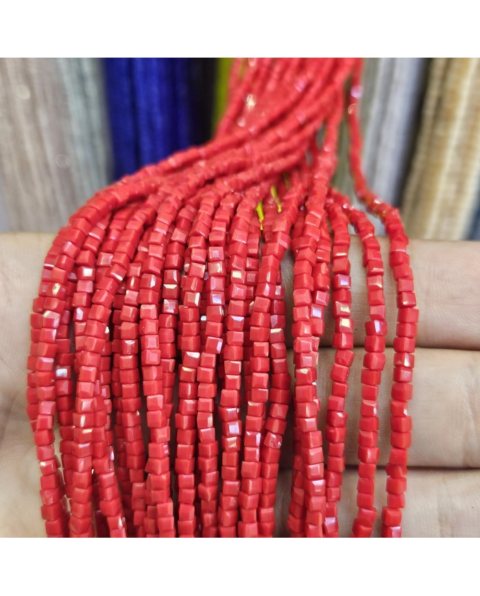 İpe Dizili Kristal Küp Çin Camı Boncuk - Neon Kırmızı - 3mm