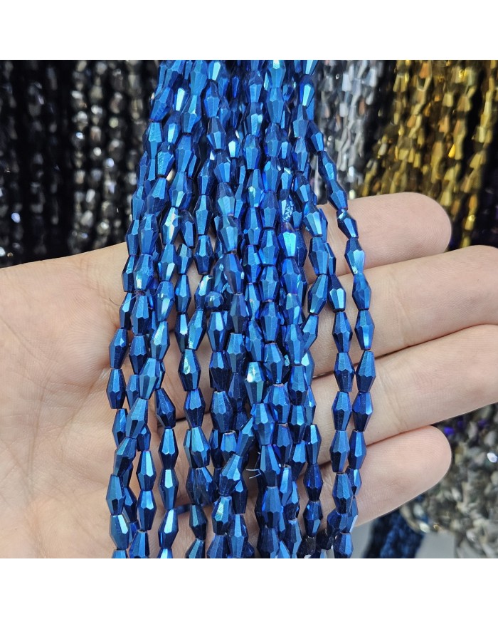 İpe Dizili Arpa Kristal Boncuk - Metalik Mavi - 4x8mm