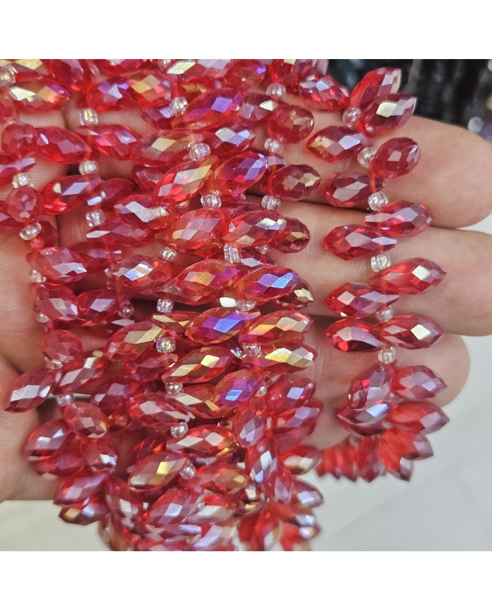 12x5mm İpe Dizili Yandan Delikli Damla Kristal Boncuk Şeffaf Janjanlı Kırmızı - 1 Dizi