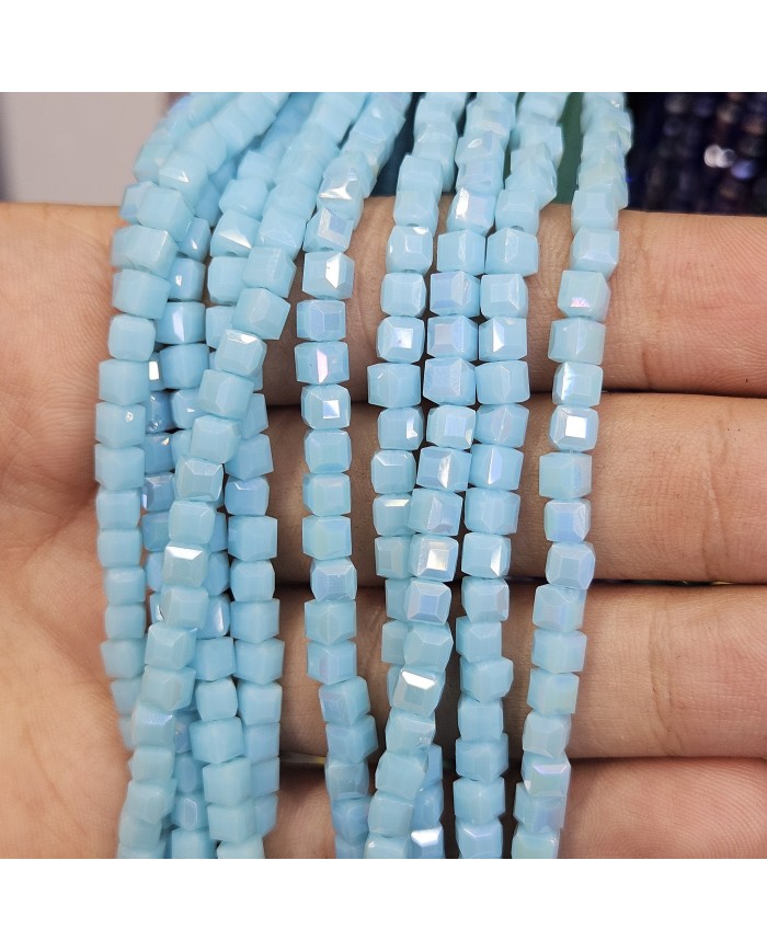 4mm İpe Dizili Küp Kristal Boncuk Mat Buz Mavisi - 1 Dizi
