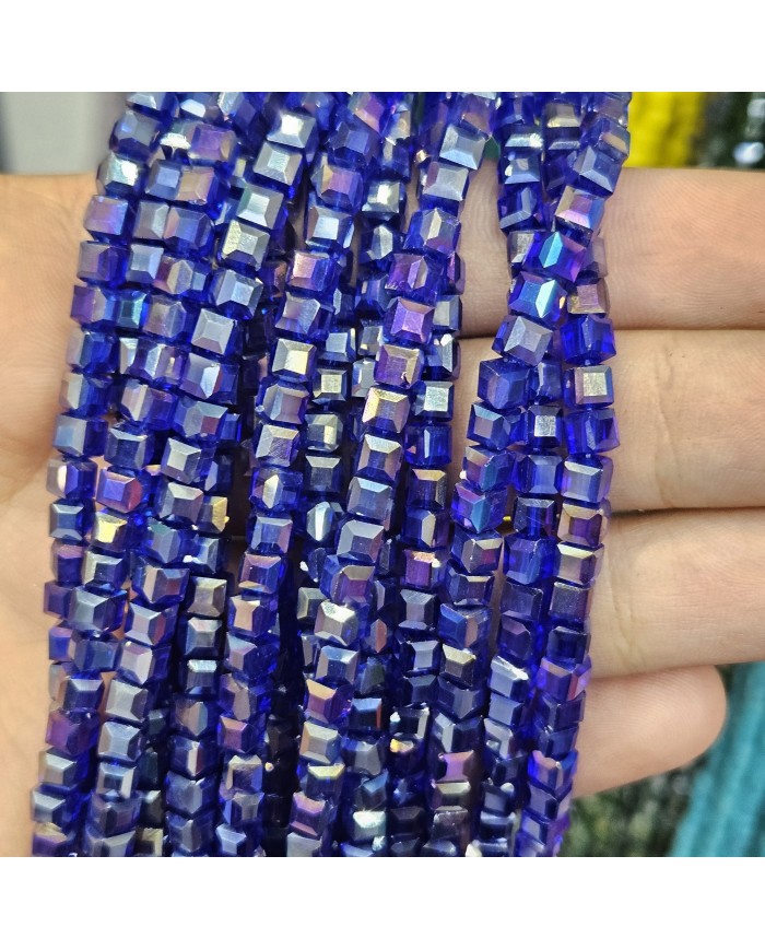 4mm İpe Dizili Küp Kristal Boncuk Metalik Kaplama Janjanlı Koyu Mavi - 1 Dizi