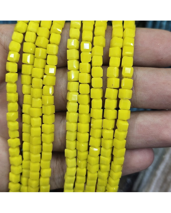 4mm İpe Dizili Küp Kristal Boncuk Mat Canlı Sarı - 1 Dizi