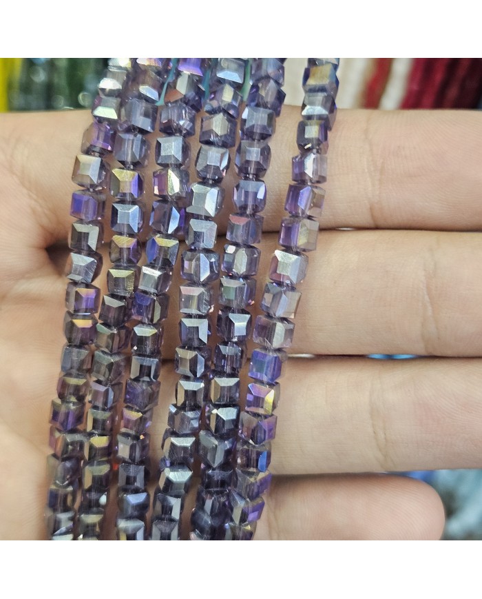 4mm İpe Dizili Küp Kristal Boncuk Metalik Kaplama Mor - 1 Dizi