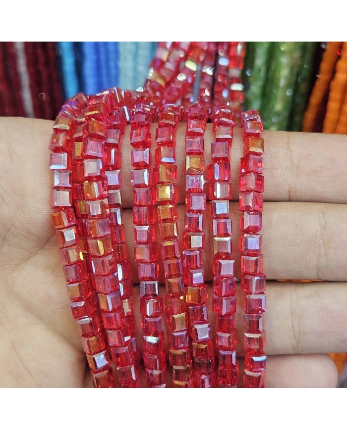 4mm İpe Dizili Küp Kristal Boncuk Şeffaf Janjanlı Kırmızı - 1 Dizi