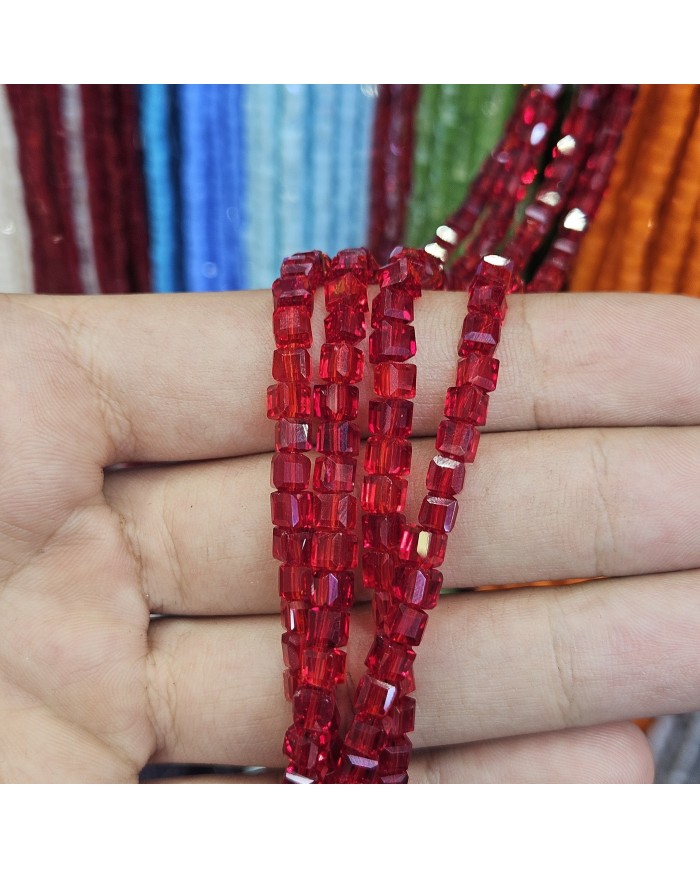 4mm İpe Dizili Küp Kristal Boncuk Şeffaf Koyu Kırmızı - 1 Dizi