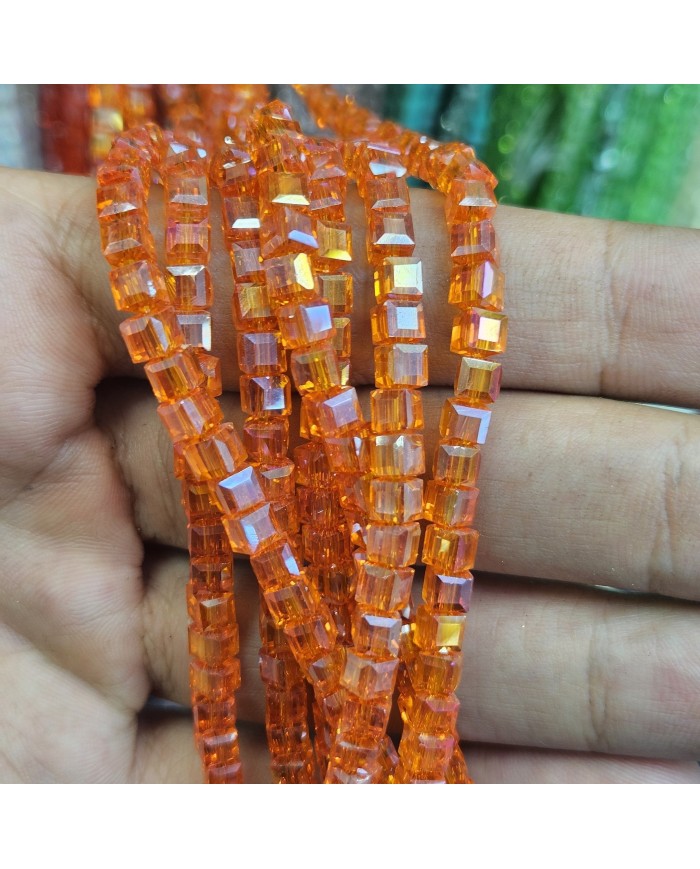 4mm İpe Dizili Küp Kristal Boncuk Şeffaf Janjanlı Turuncu - 1 Dizi