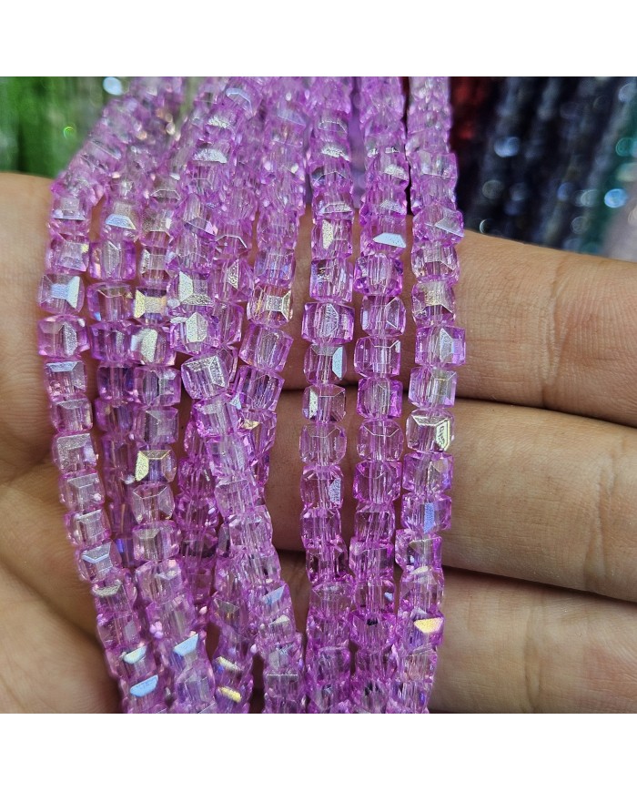 4mm İpe Dizili Küp Kristal Boncuk Şeffaf Janjanlı Fuşya - 1 Dizi