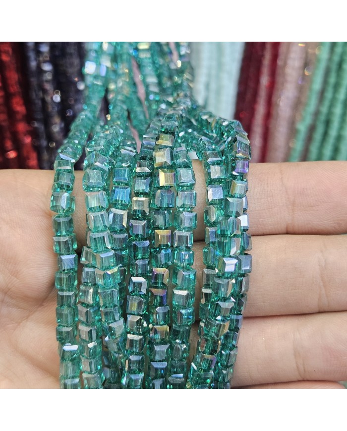 54mm İpe Dizili Küp Kristal Boncuk Şeffaf Metalik Kaplama Janjanlı Turkuaz - 1 Dizi