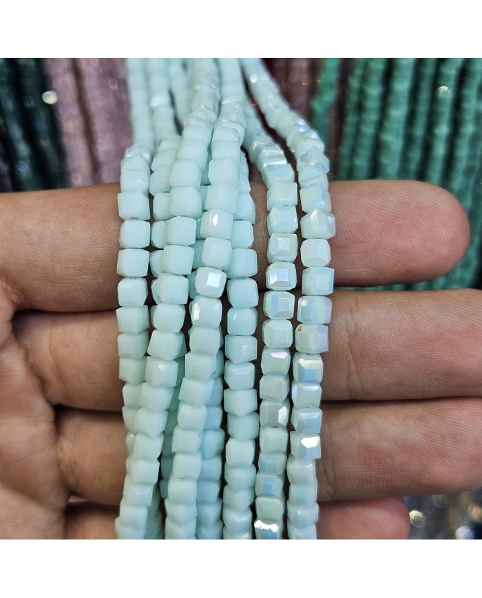 4mm İpe Dizili Küp Kristal Boncuk  Mat Buz Mavi - 1 Dizi