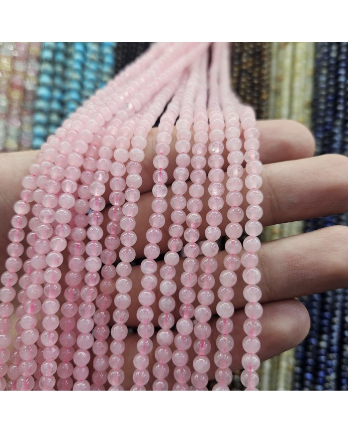 İpe Dizili Doğal Taş Boncuk - Opak Pembe Üzerine Hafif Parlak