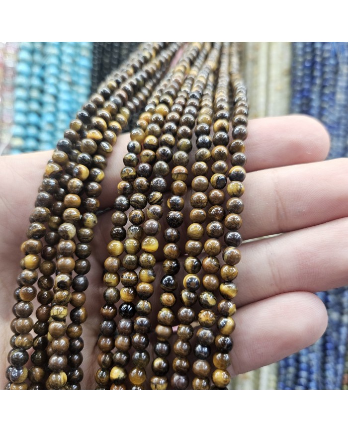 İpe Dizili Doğal Taş Boncuk - Kaplan Gözü Desenli Kahverengi ve