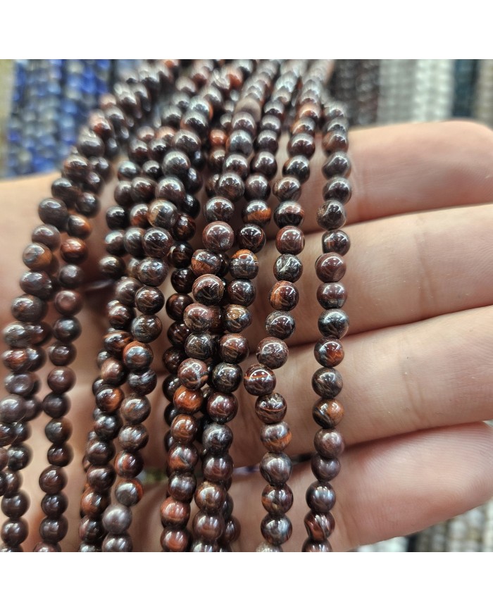 İpe Dizili Doğal Taş Boncuk - Koyu Kahverengi Üzerine Kızıl ve