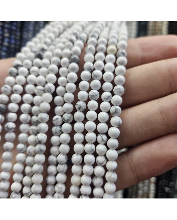 İpe Dizili Doğal Taş Boncuk - Beyaz Üzerine Gri Damarlı Mermer