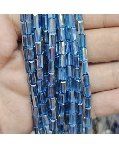 İpe Dizili Dikdörtgen Kristal Boncuk - Janjanlı Parlak Mavi -