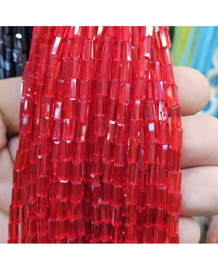 İpe Dizili Dikdörtgen Kristal Boncuk - Şeffaf Kırmızı - 4x7mm