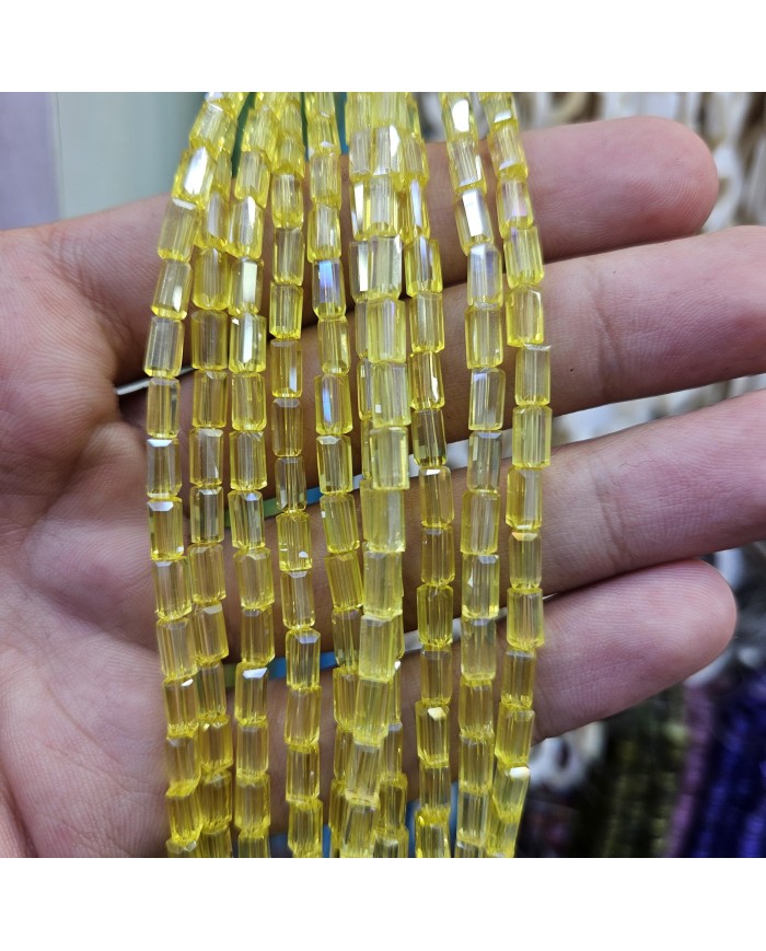 İpe Dizili Dikdörtgen Kristal Boncuk - Şeffaf Sarı - 4x7mm
