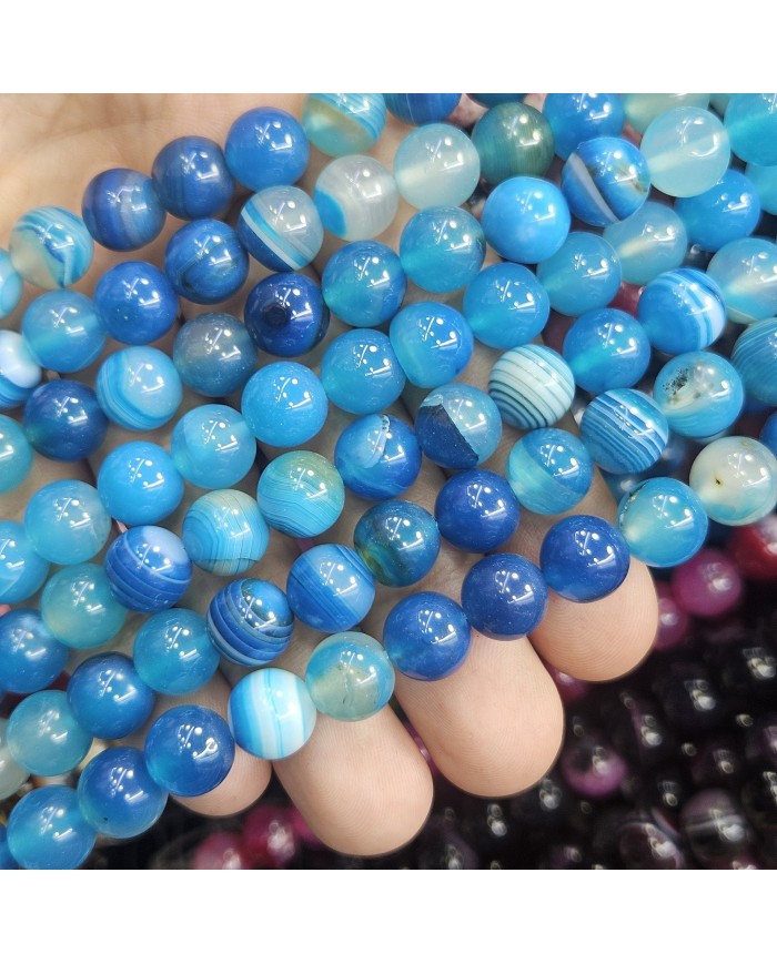 İpe Dizili Doğal Taş Boncuk - Çizgili ve Desenli Mavi Akik -