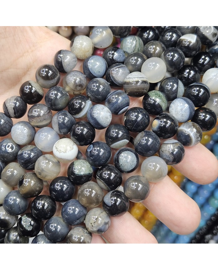 İpe Dizili Doğal Taş Boncuk - Dumanlı Siyah Akik - 12mm