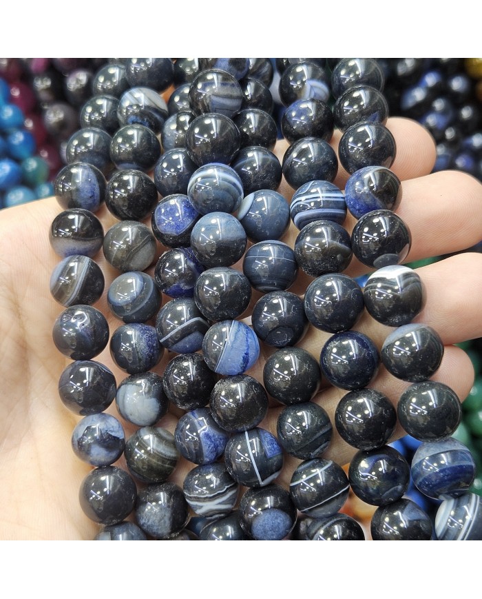 İpe Dizili Doğal Taş Boncuk - Lacivert ve Siyah Damarlı - 10mm