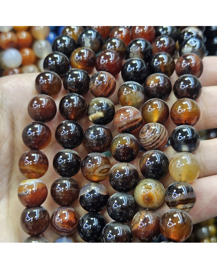 İpe Dizili Doğal Taş Boncuk - Kahverengi ve Siyah Damarlı - 10mm