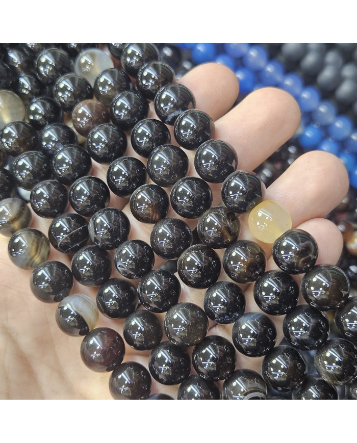 İpe Dizili Doğal Taş Boncuk - Siyah ve Açık Kahverengi Damarlı