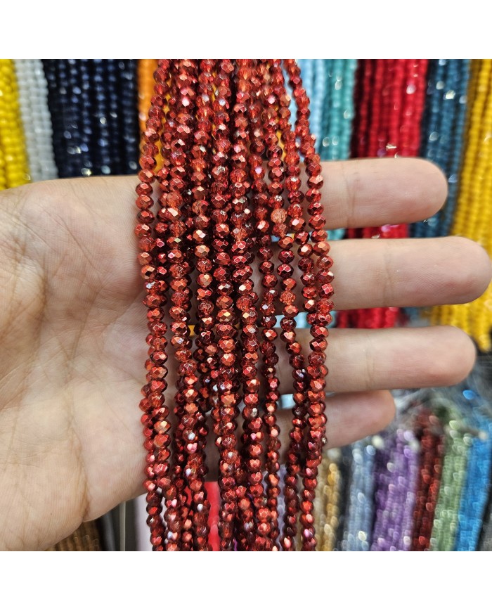 4mm İpe Dizili Kristal Boncuk Metalik Kaplama Kırmızı - 10 Dizi