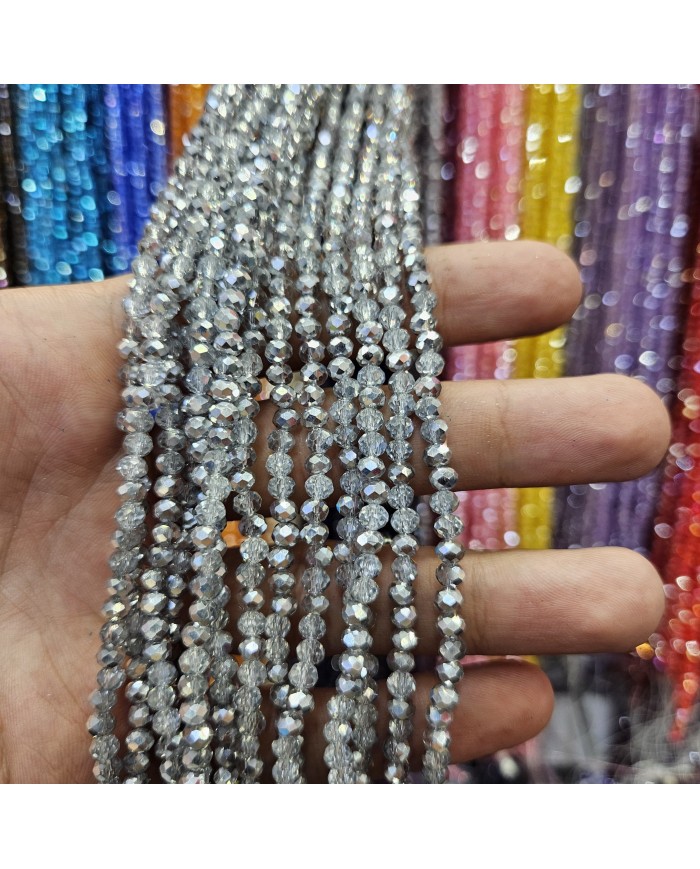 4mm İpe Dizili Kristal Boncuk Mtealik Kaplama Aynalı Gümüş - 10 Dizi