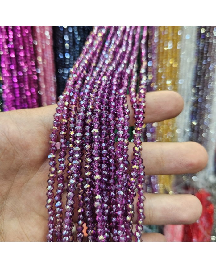 4mm İpe Dizili Kristal Boncuk Metalik Kaplama Aynalı Koyu Fuşya - 10 Dizi